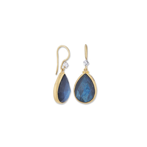 24K GOLD & 18K WG “DECK” EARRINGS WITH PEAR SHAPE LABRADORITE ROCK CRYSTAL DOUBLET, DIAMOND EARWIRES