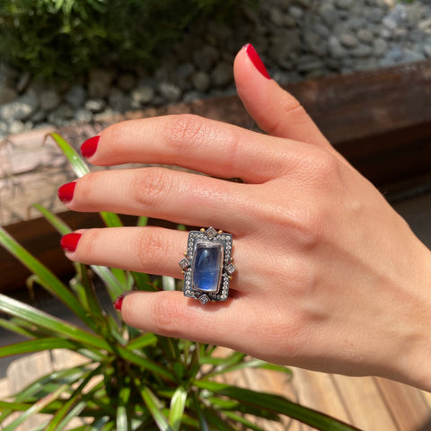 24K GOLD & OXIDIZED SILVER “MOONDANCE” RECTANGULAR CABOCHON MOONSTONE RING, ROUND AND CARRE DIAMONDS SET IN 18K WHITE GOLD