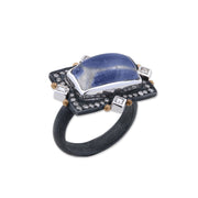 24K GOLD & OXIDIZED SILVER “MOONDANCE” RECTANGULAR CABOCHON MOONSTONE RING, ROUND AND CARRE DIAMONDS SET IN 18K WHITE GOLD