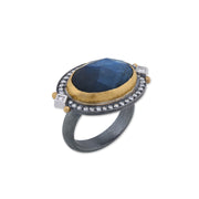 24K GOLD & OXIDIZED SILVER “MOONDANCE” OVAL FACETED LABRADORITE DOUBLET WITH BLACK ONYX RING, ROUND AND CARRE DIAMONDS SET IN 18K WHITE GOLD,